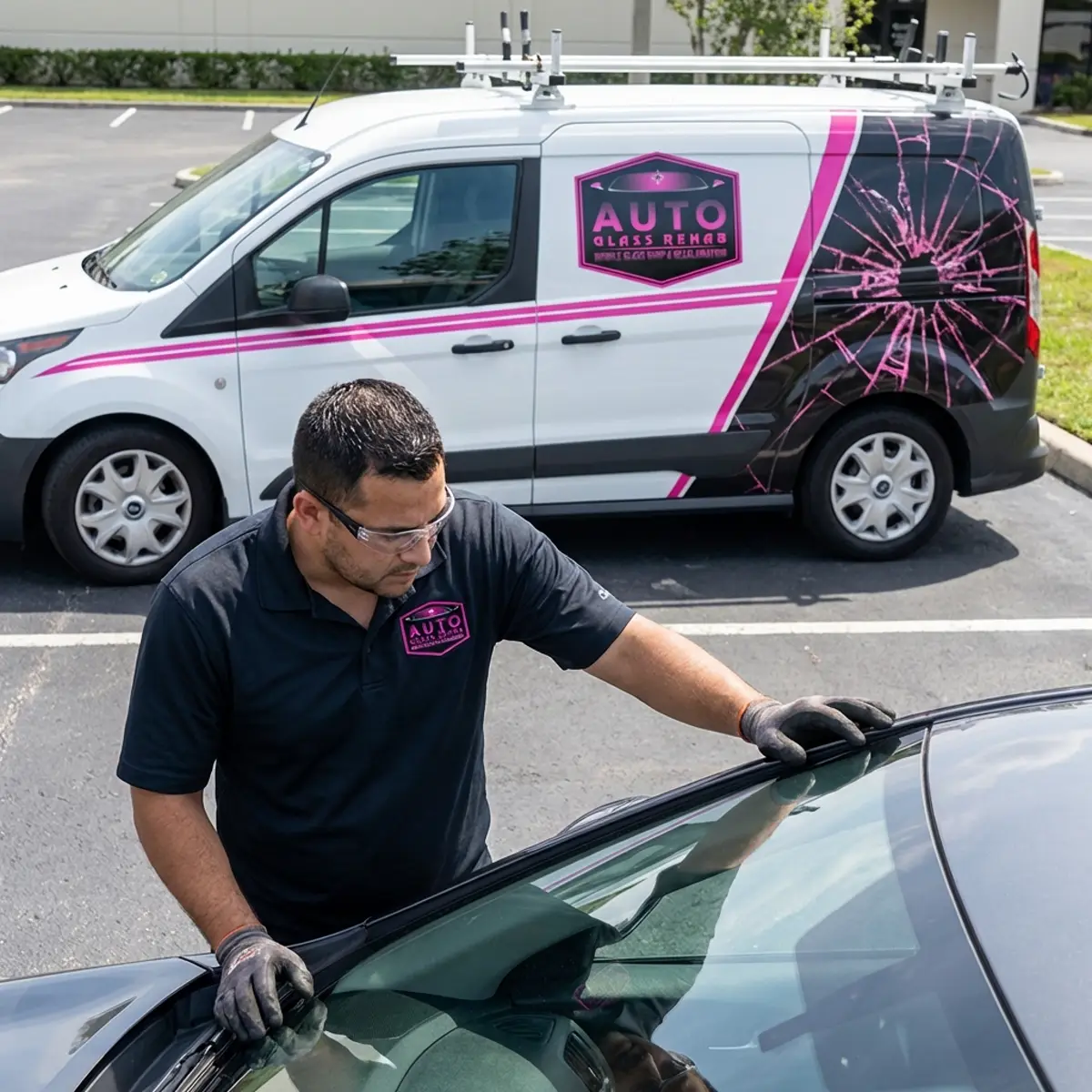 AutoGlass Rehab technician working on a windshield with the branded van behind